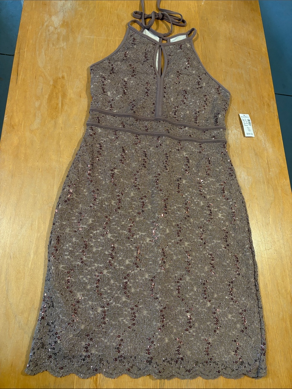 Dress Barn Taupe Lace Halter Dress with Sequin Accents